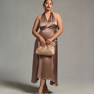 Anthropologie Silk V Neck Midi Dress Mauve Brown Gold Size 6 NWT